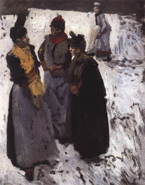 Drie vrouwen in gesprek in de sneeuw