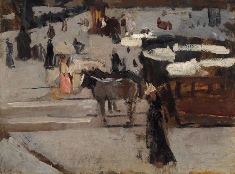 Paardentrams en figuren op een plein