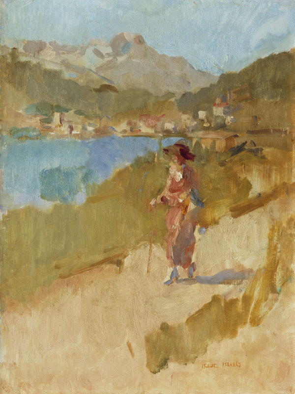 Wandelende dame bij het Meer van Sankt Moritz