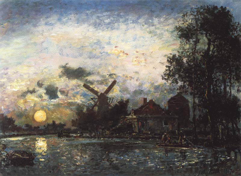 Canal en Hollande; coucher du soleil