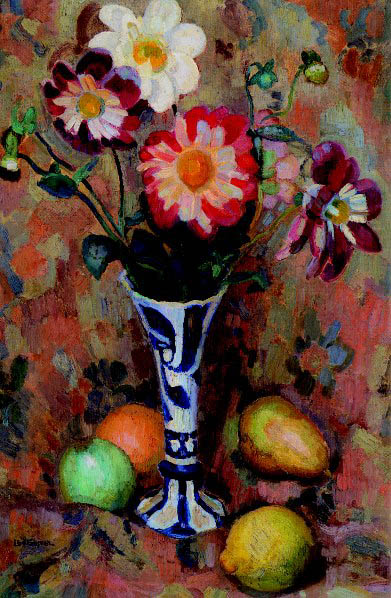 Bloemstilleven met blauw-witte vaas