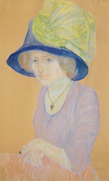 Jonge vrouw met blauwe hoed en groene strik