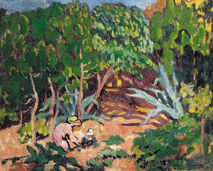 Femme et enfant dans le jardin d'Agay
