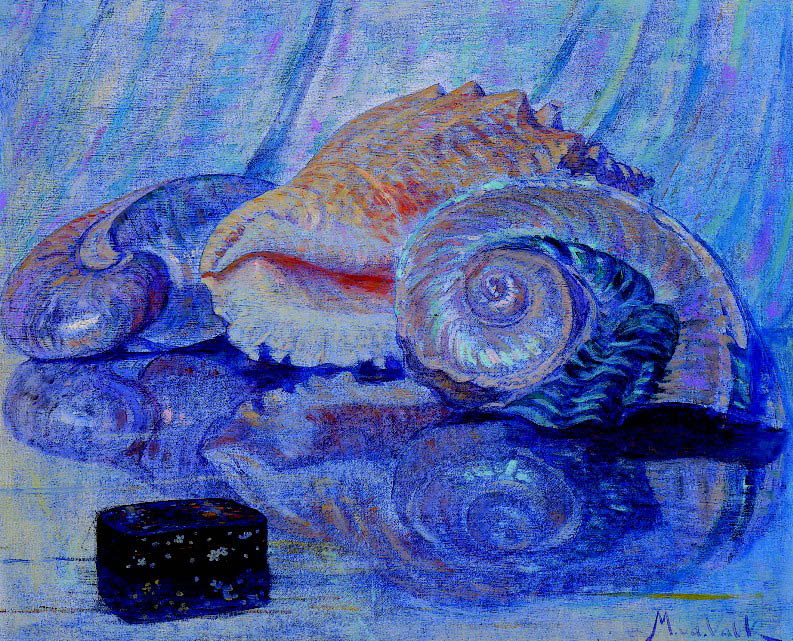 Stilleven met schelpen en een Chinese lakdoos