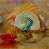 Stilleven met schelpen en een rood schaaltje