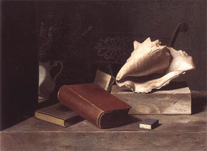 Stilleven met boeken en witte schelp