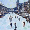 Skating on the Canals, Amsterdam with Church tower