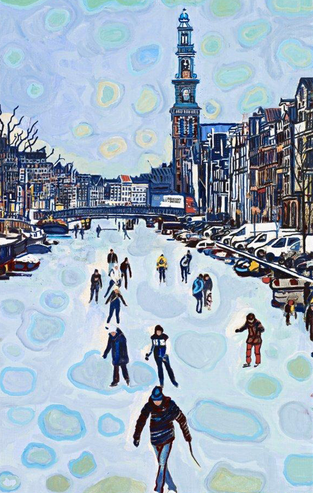 Skating on the Canals, Amsterdam with Church tower