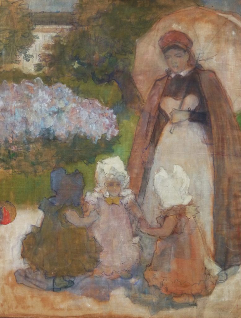 Gouvernante met drie meisjes in het park