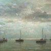 Bomschuiten voor anker bij zonsondergang