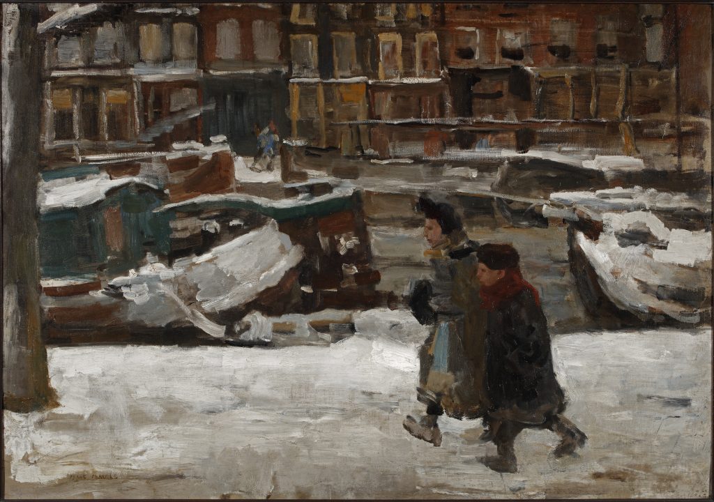 Kinderen op een besneeuwde gracht