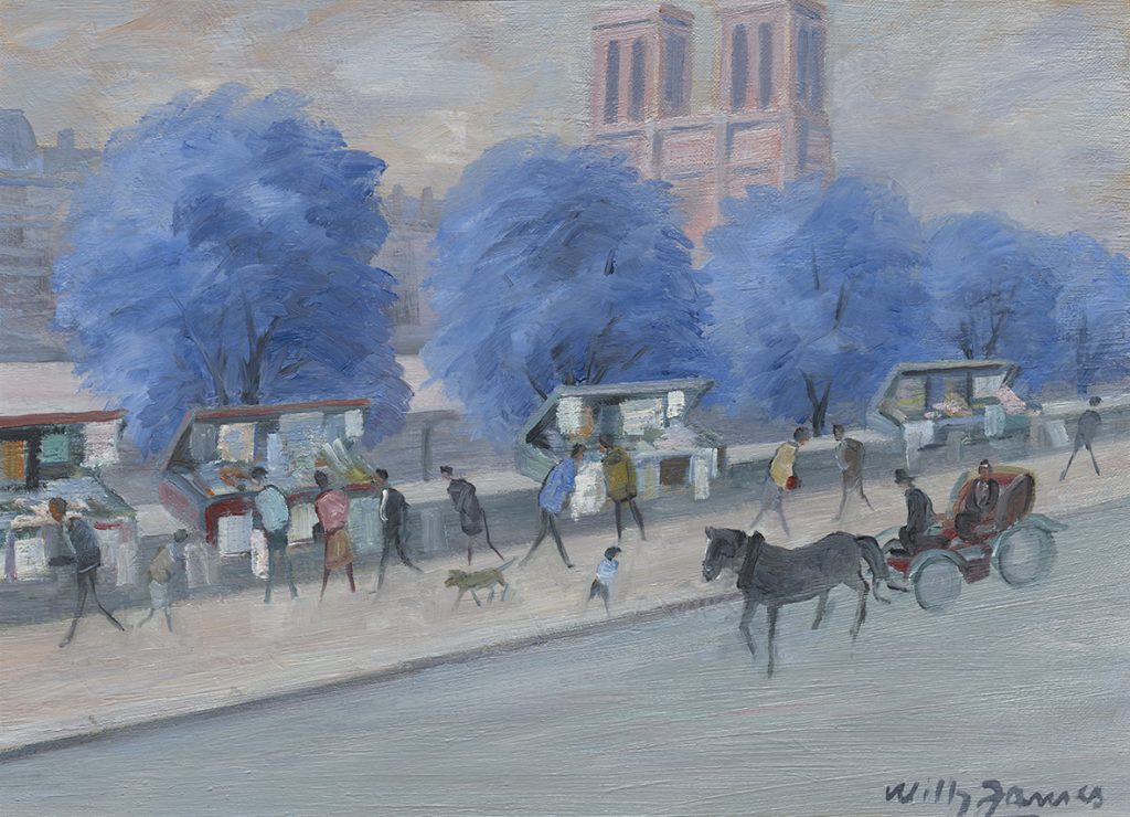 Notre-Dame au coucher du soleil et les bouquinistes