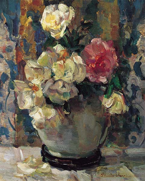 Witte en rose rozen in een Lanooypot