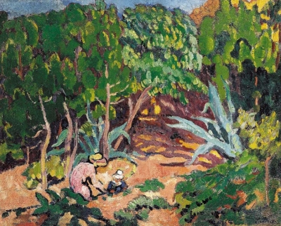 Femme et enfant dans le jardin d'Agay