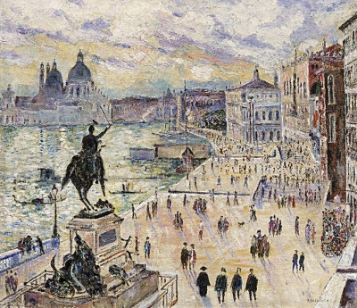 Venetië met wandelaars op de kade in Venetië