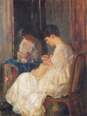 Jonge vrouw met handwerk voor spiegel