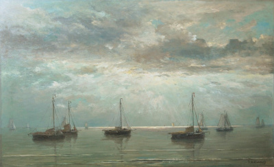 Bomschuiten voor anker bij zonsondergang - Hendrik Willem Mesdag - VERKOCHT